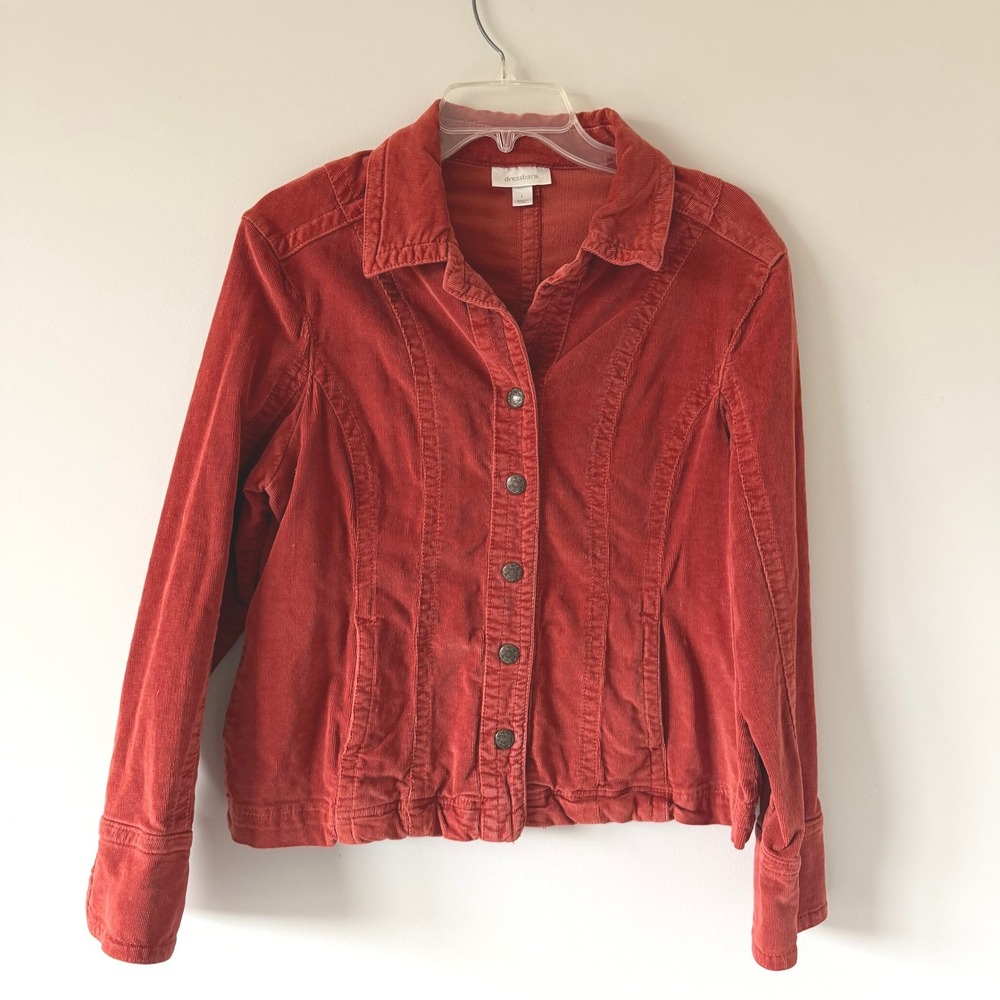 Dressbarn Womens Rust Orange Corduroy Snap Front Trucker Jacket Size L Boho Fall